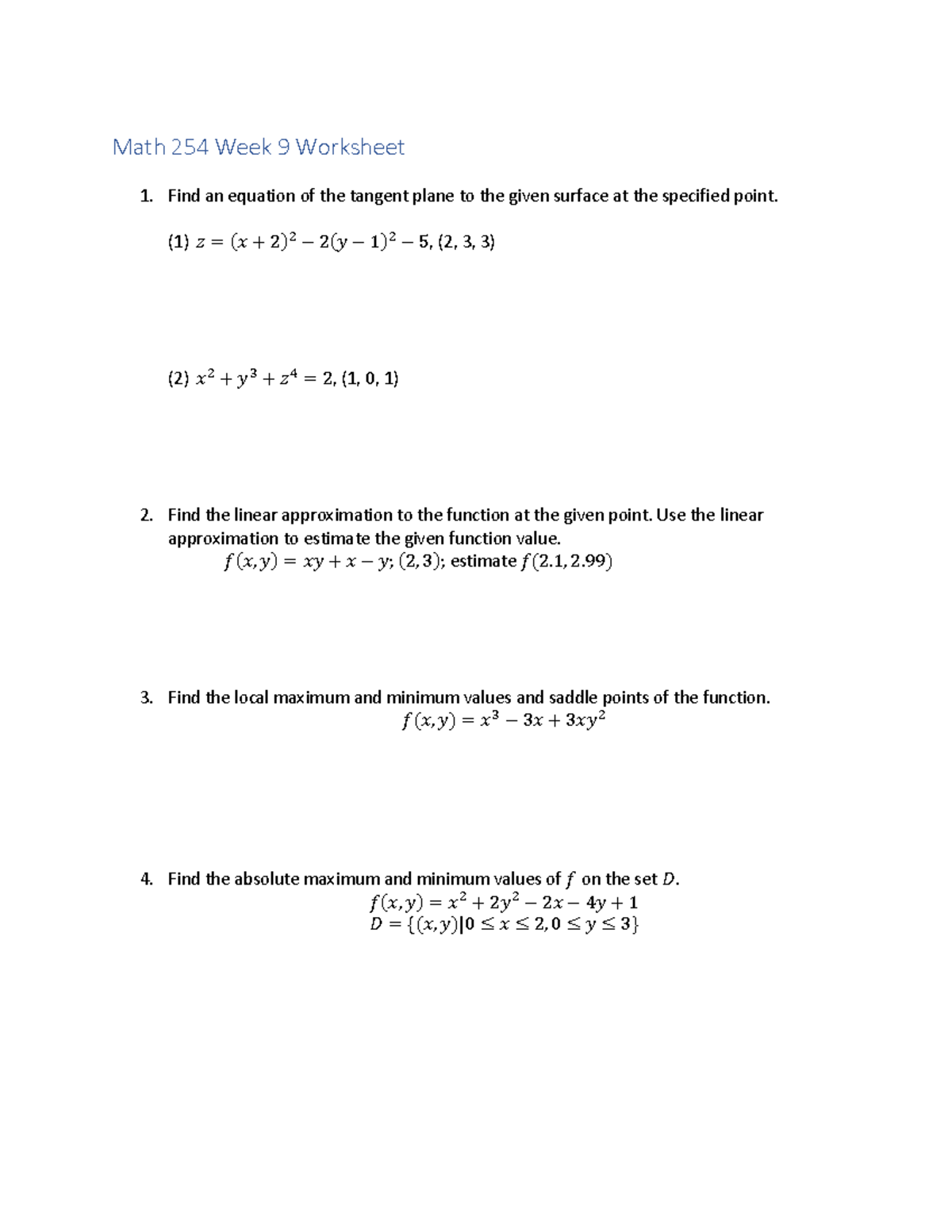 Math 254 Week 9 Worksheet: Tangent Planes & Function Analysis - Studocu