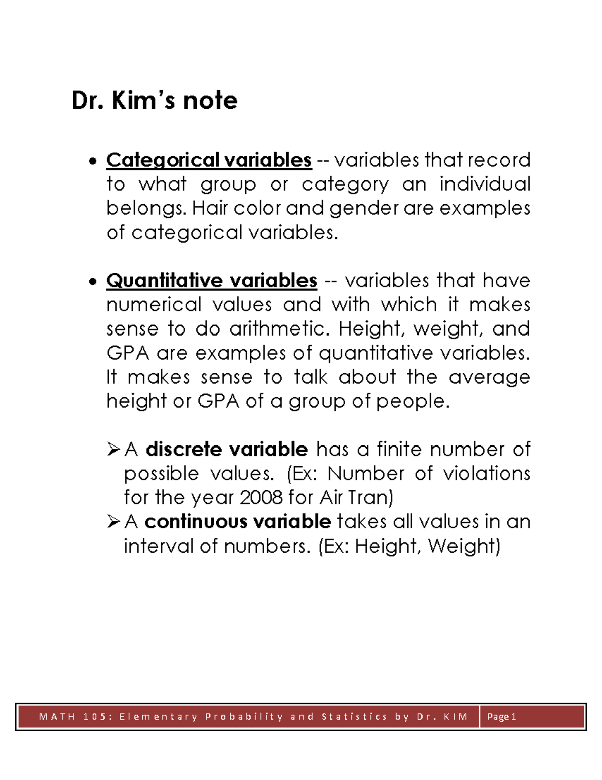 Math 105: Chapter 2 - Categorical and Quantitative Variables - Studocu