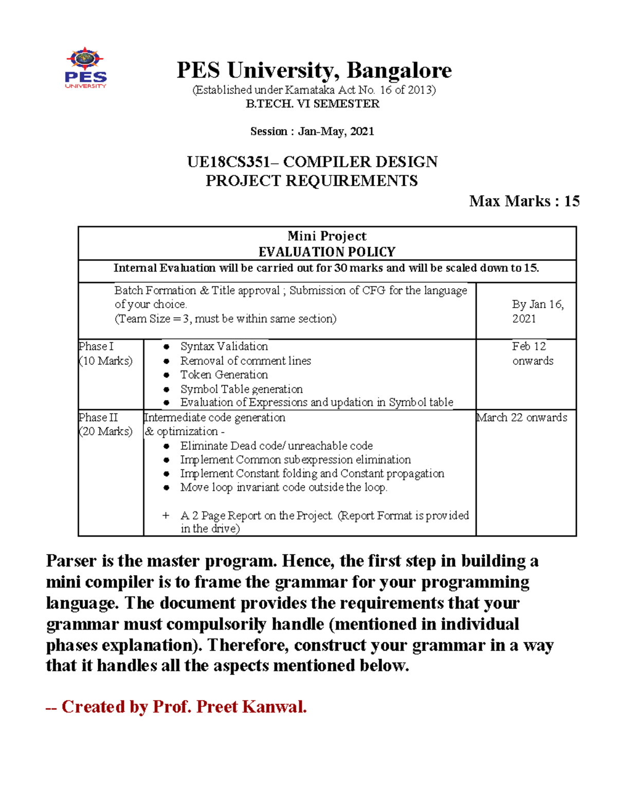 UE18CS351 - Compiler Design Mini Project Guidelines and Requirements ...