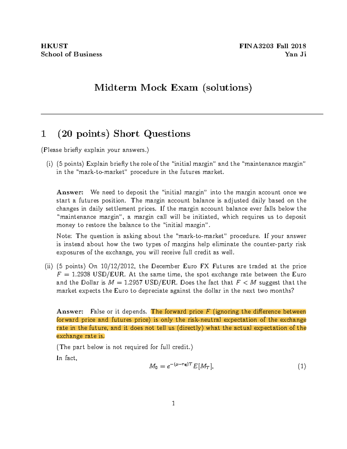 HKUST FINA3203 Fall 2018 Midterm Mock Exam Solutions and Insights - Studocu