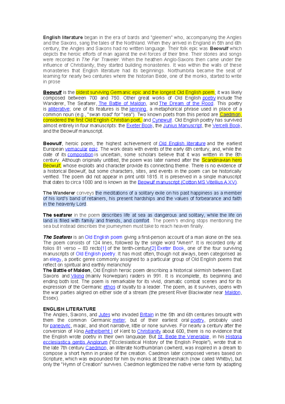 ENGL 101: Overview of Early English Literature and Poetry - Studocu