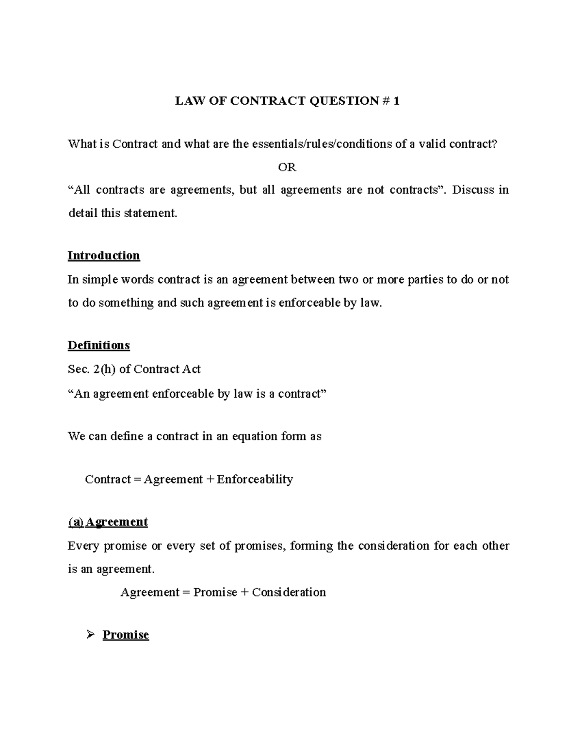 Contract LAW- Handouts - LAW OF CONTRACT QUESTION # 1 What is Contract ...