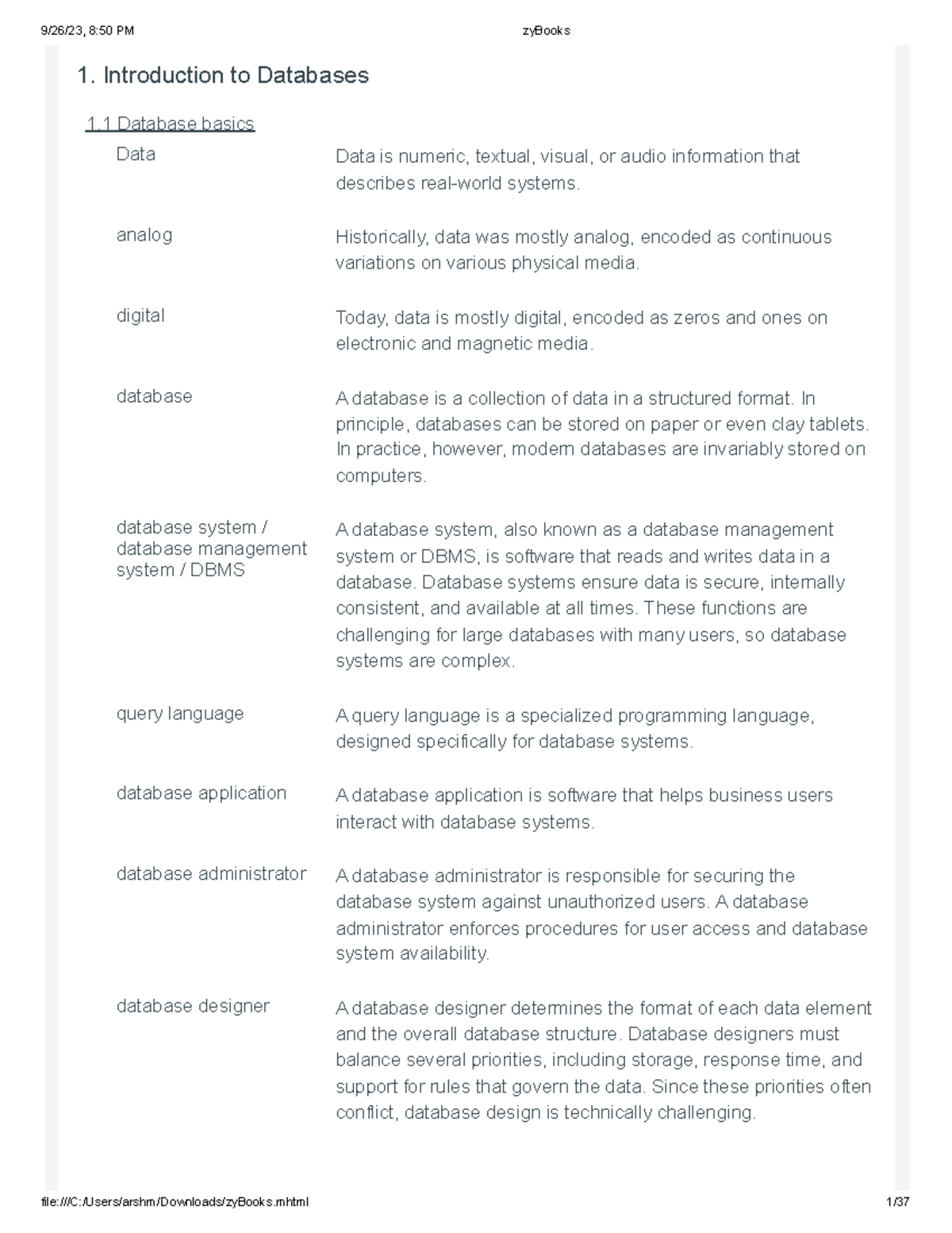 Zy Books - Database Systems Vocabulary Cheat Sheet - Studocu