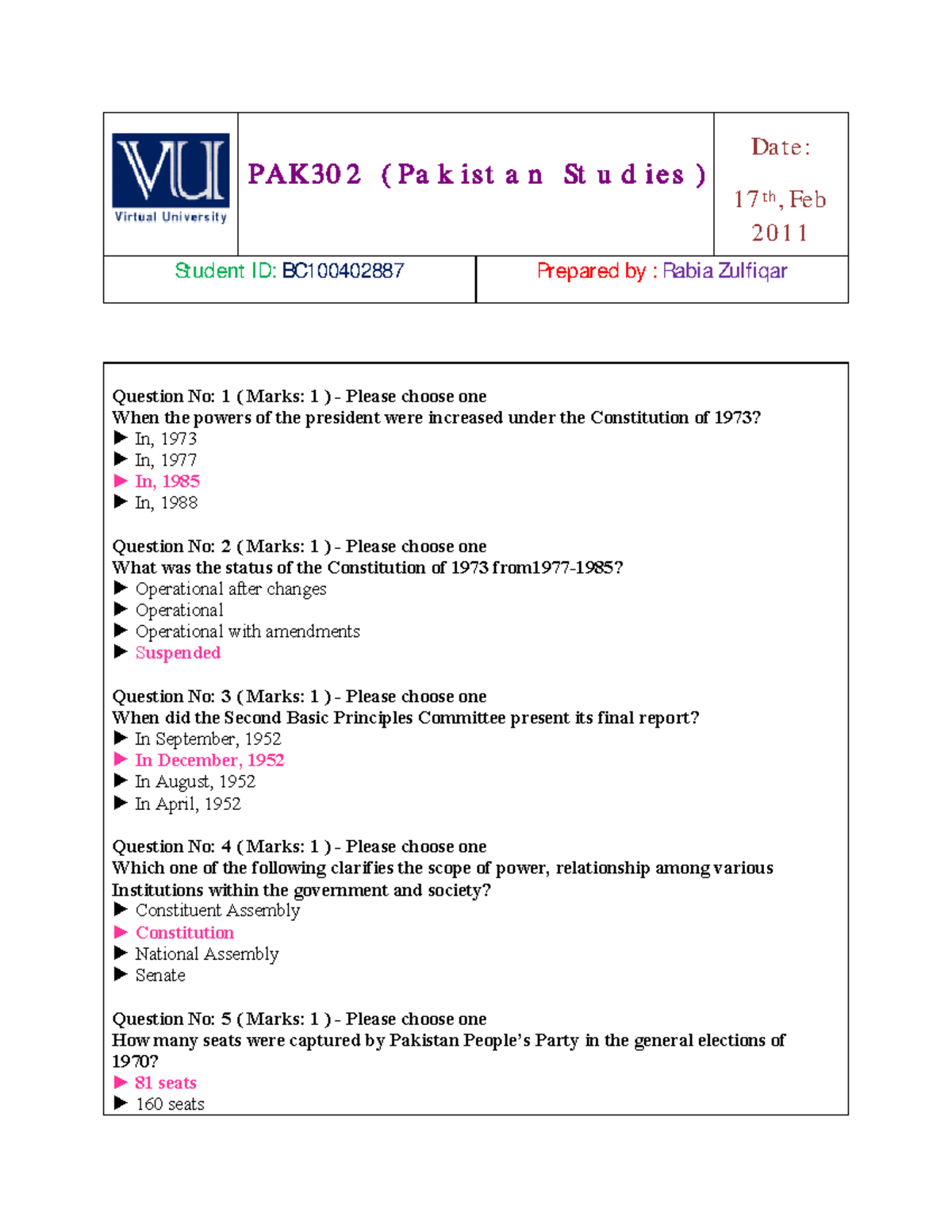 PAK301 Final TERM Solved MCQs BY Rabia - PAK30 2 ( Pa k i st a n St u d ...