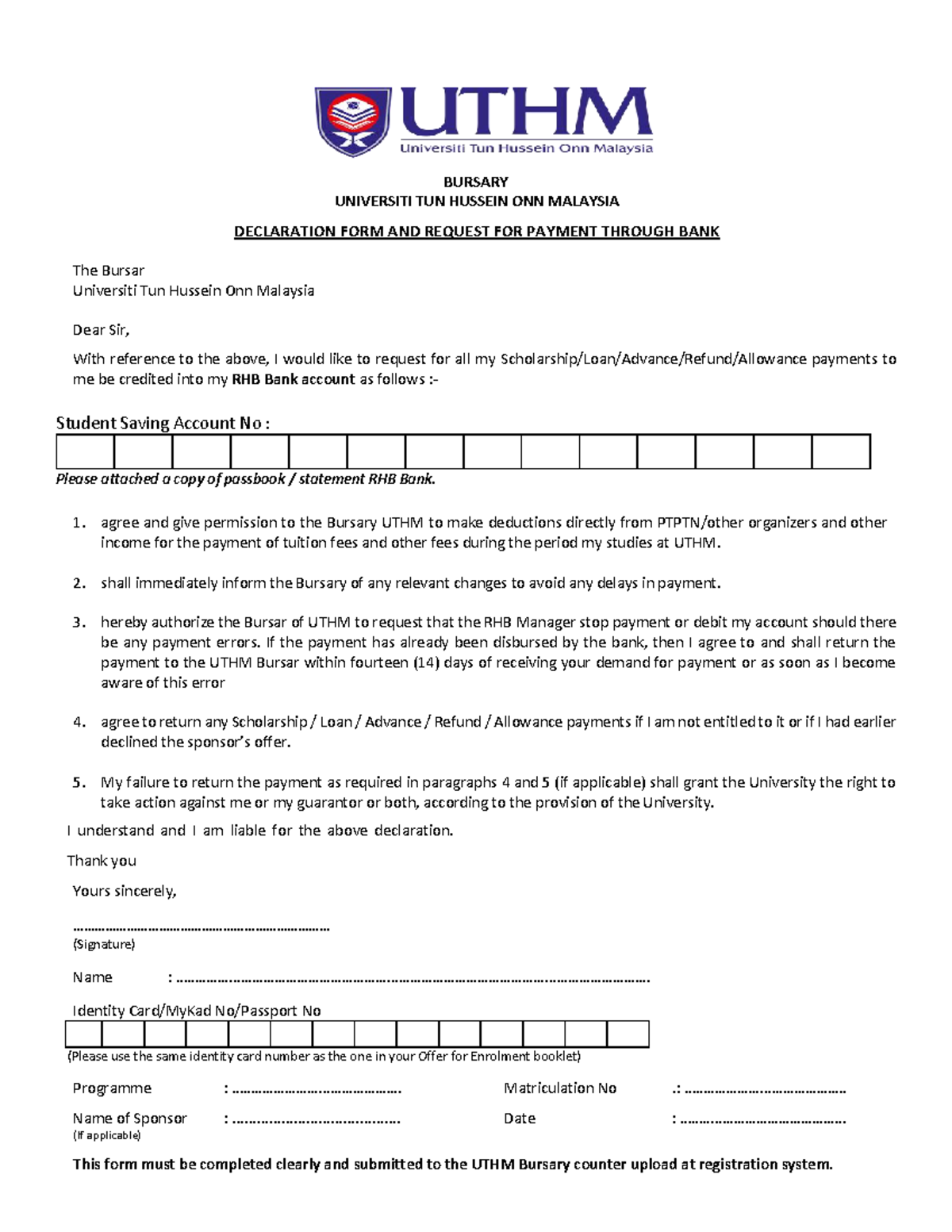 BURSARY UTHM Declaration Form & Payment Request (RHB Bank) - Studocu