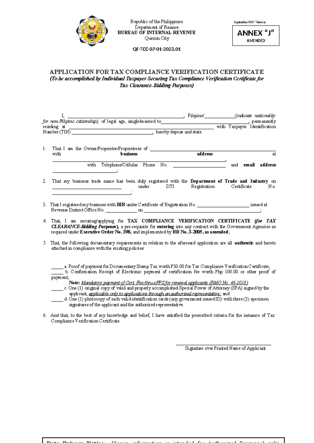 Application for Tax Compliance Verification Certificate (Individual ...