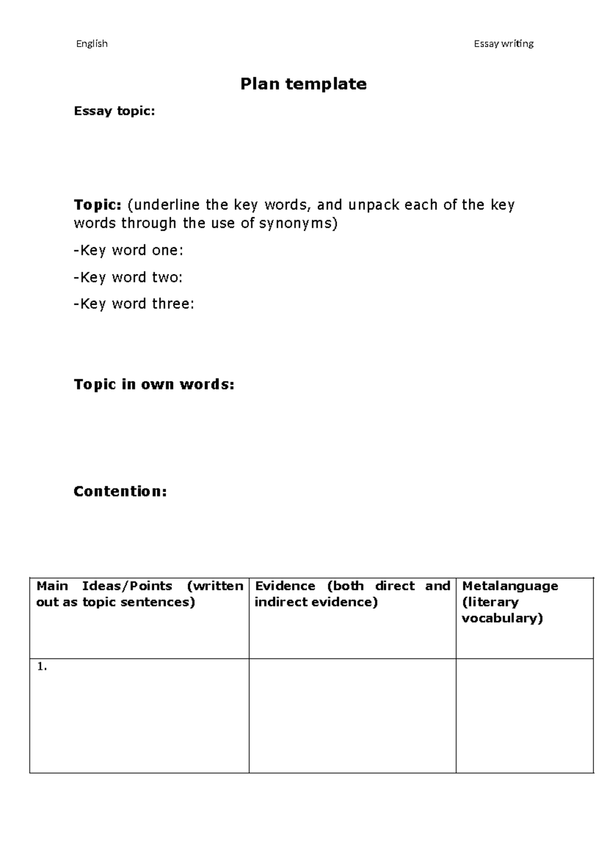 Plan template for essay writing - English Essay writing Plan template ...