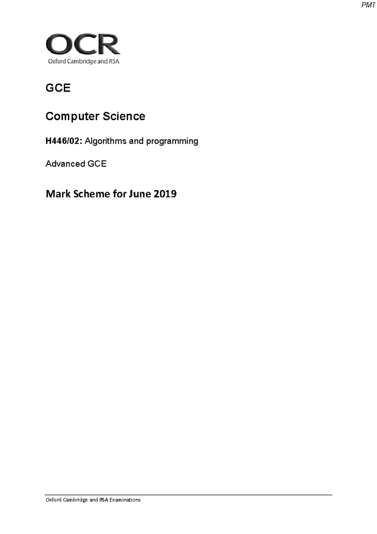 June 2019 MS H446/02 Mark Scheme for OCR A-Level Computer Science - Studocu