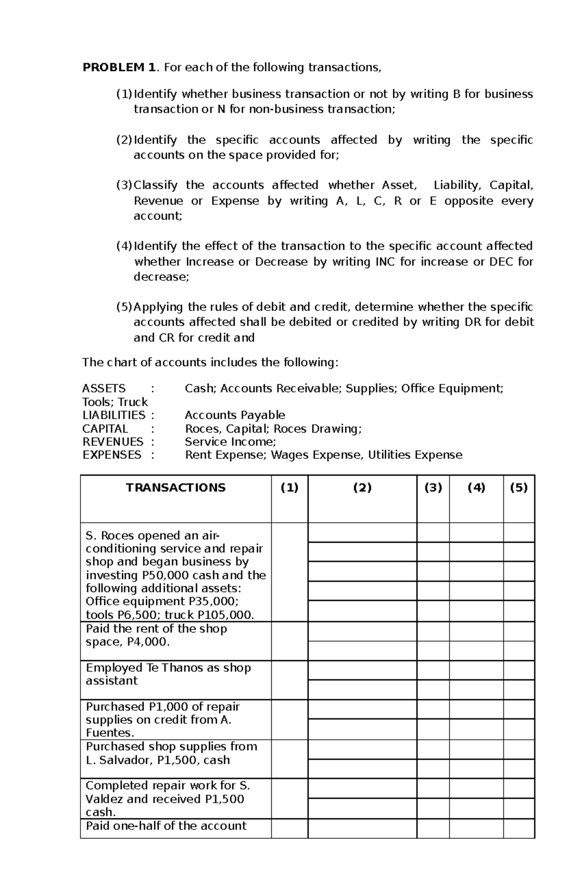 Accounting Problem Set for ACCT 101: Transactions & Trial Balances ...