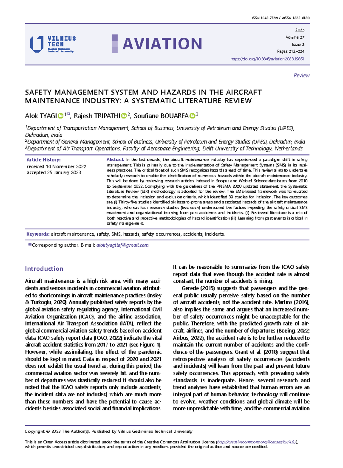 Safety Management System and Hazards in Aircraft Maintenance: A ...