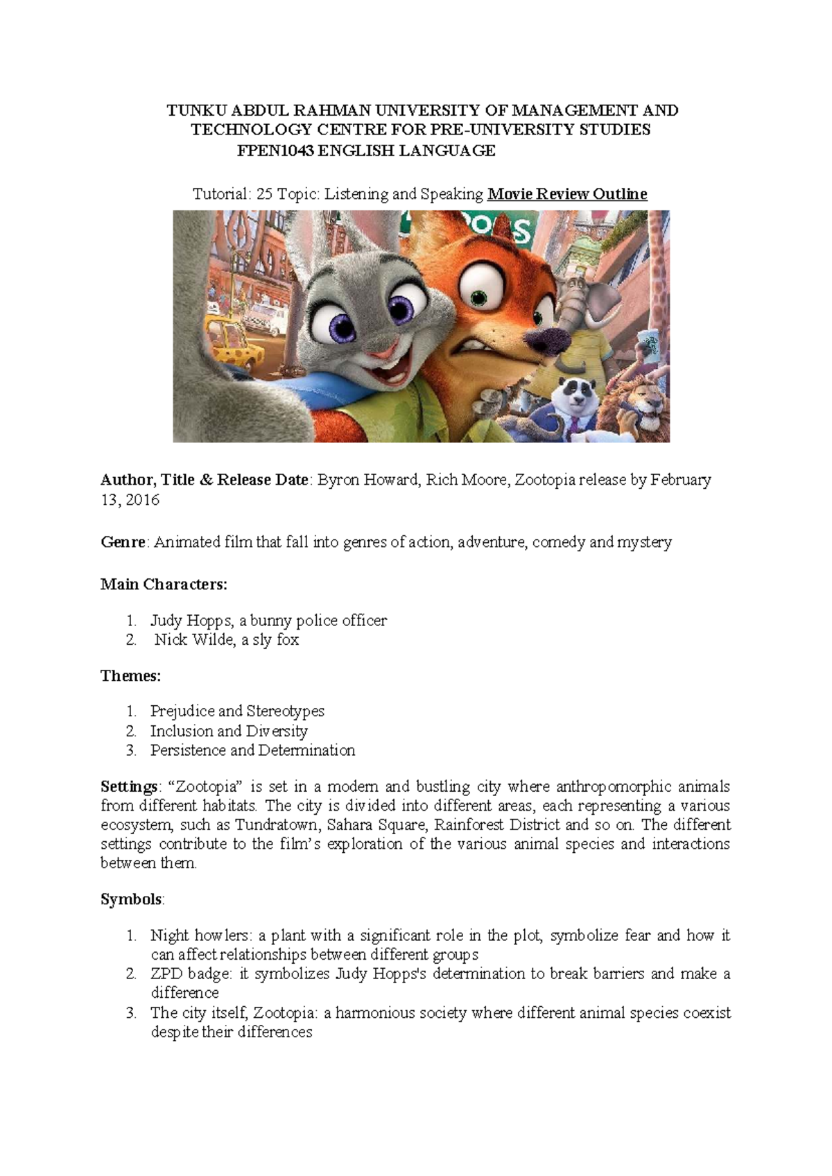 FPEN1043 English Language Tutorial: Zootopia Movie Review Outline - Studocu
