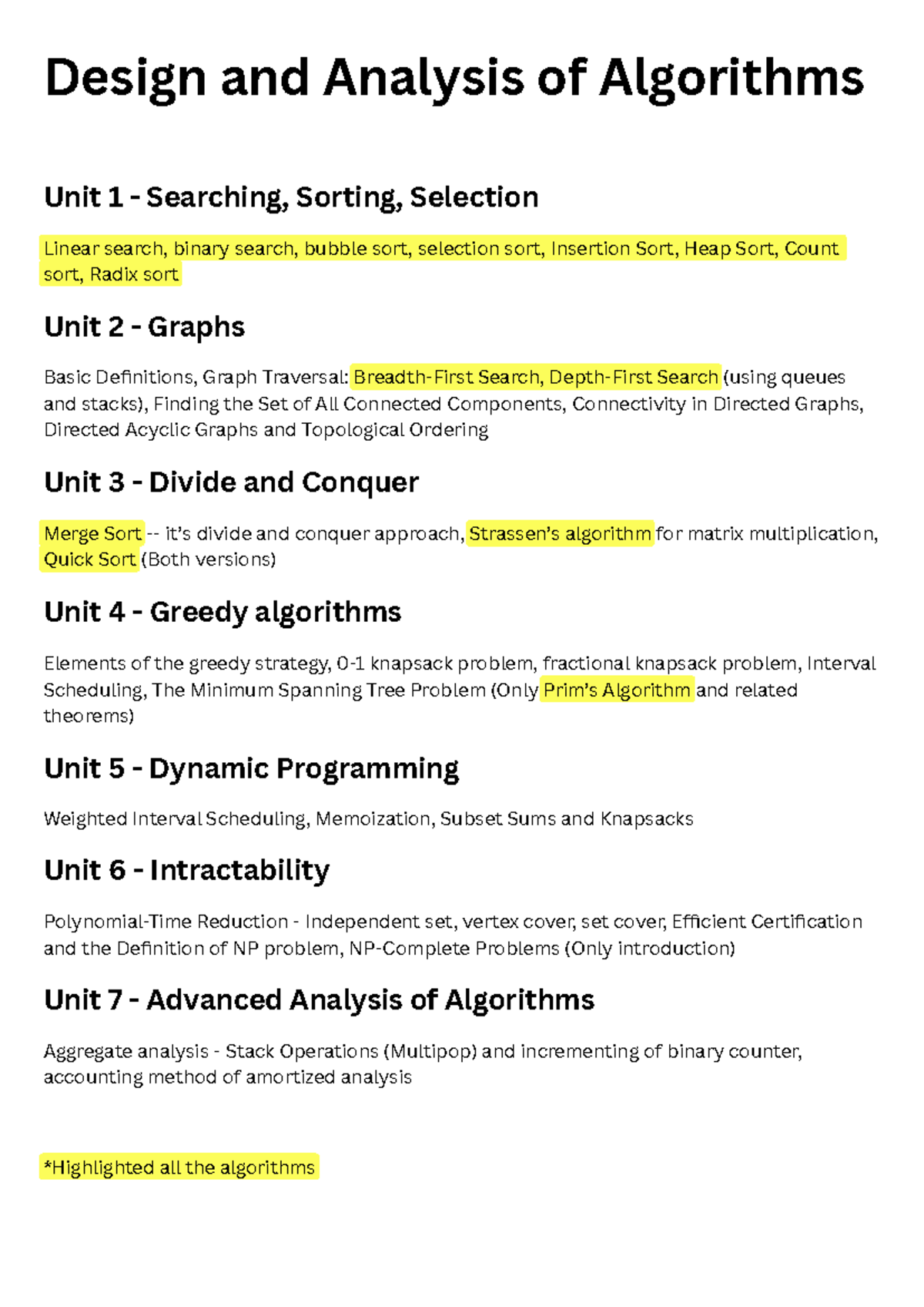 DAA 101: Comprehensive Overview of Algorithms and Their Analysis - Studocu