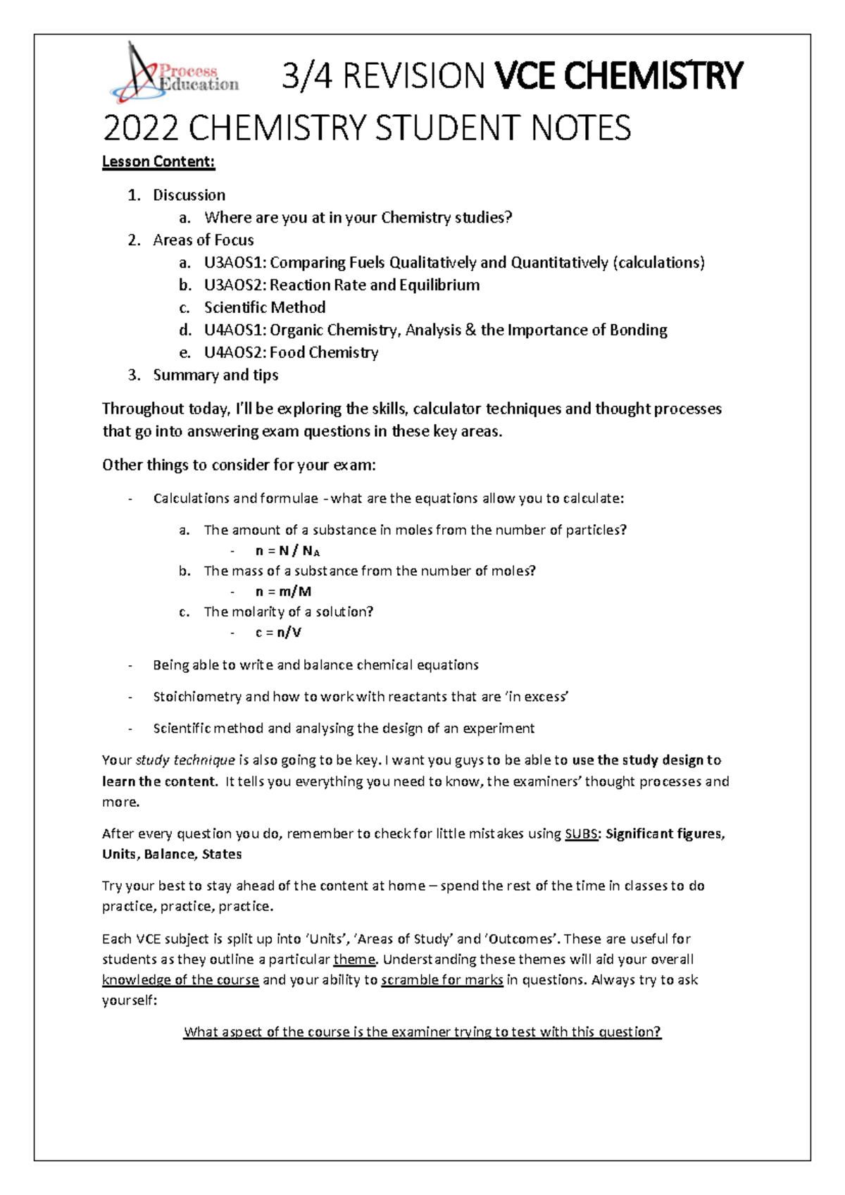 2022 VCE Chemistry Revision Lecture: Key Concepts and Exam Tips - Studocu