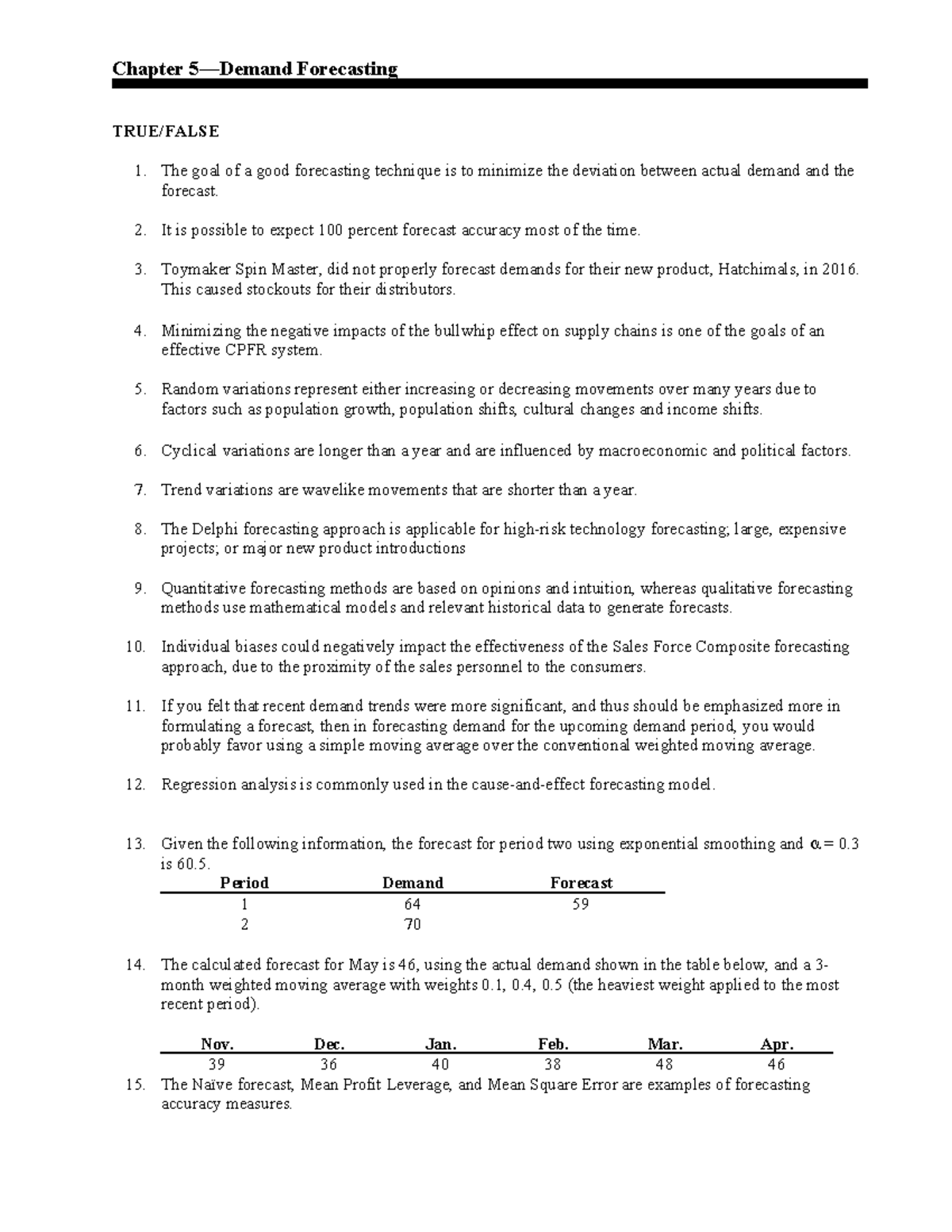 Chapter 5 Test Questions: Demand Forecasting Insights and Evaluation ...