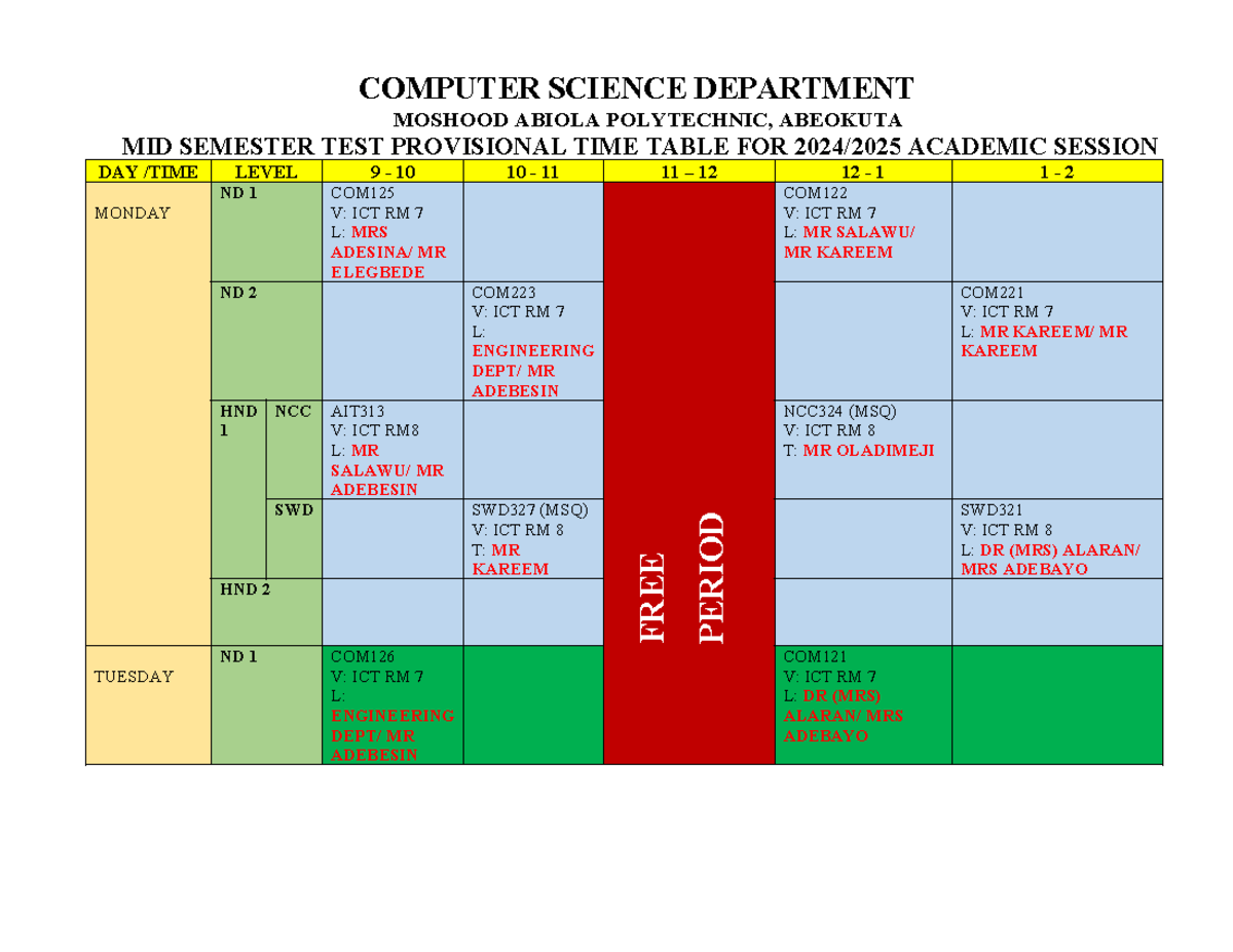 COMPUTER SCIENCE MID SEMESTER TEST TIMETABLE ND 1 & HND 1 24-25 - Studocu