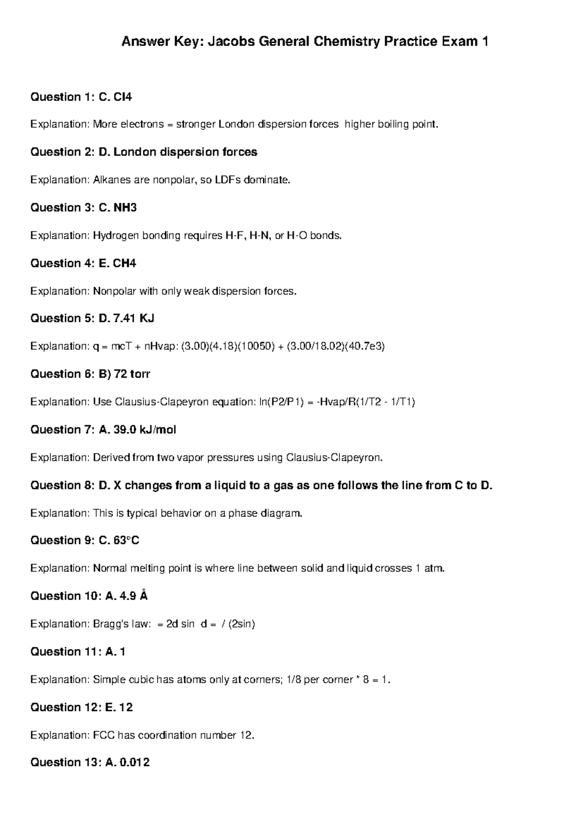 General Chemistry (CHEM101) Exam 1 Answer Key and Explanations - Studocu