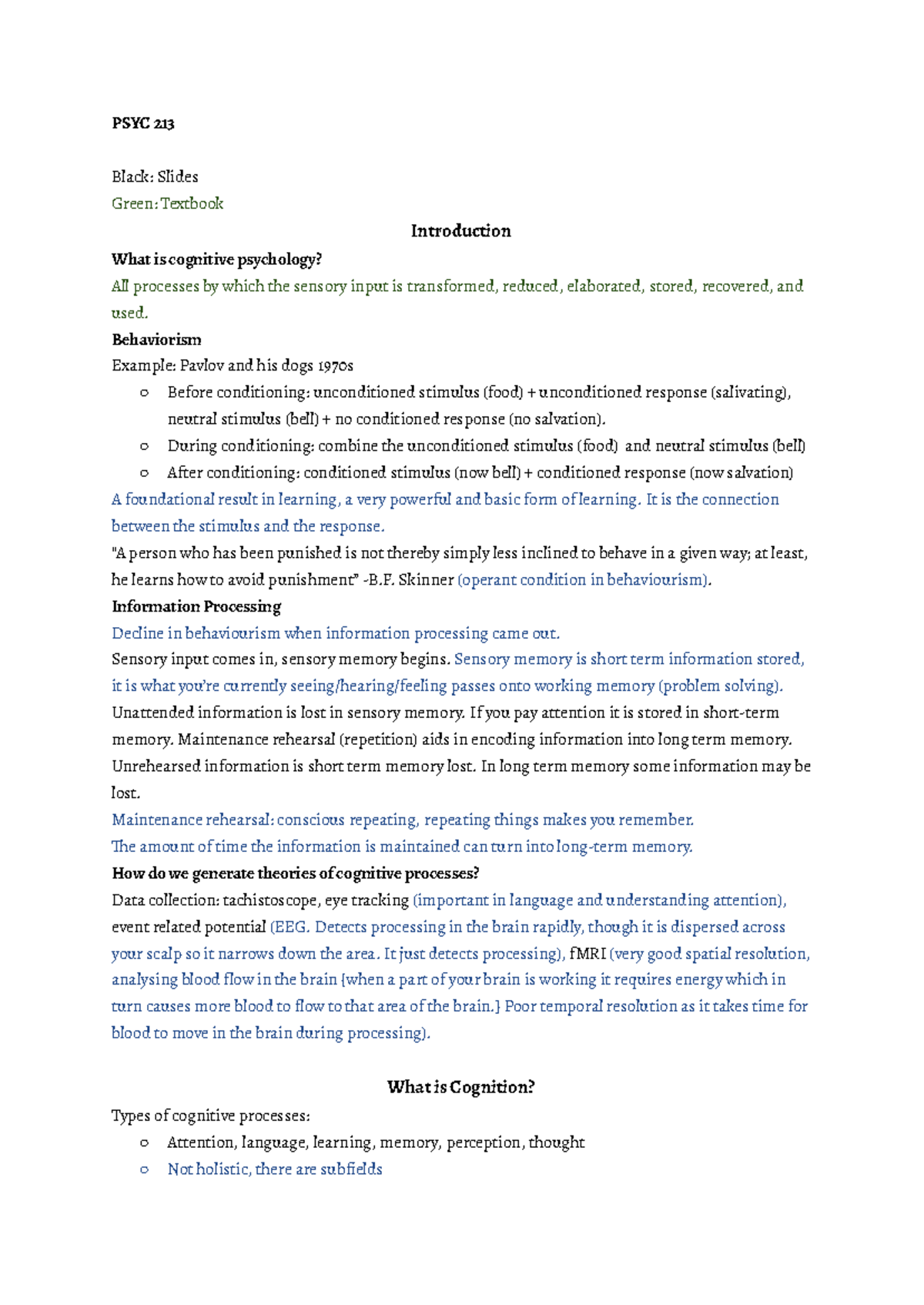PSYC 213 Lecture Notes: Introduction to Cognitive Psychology Concepts ...