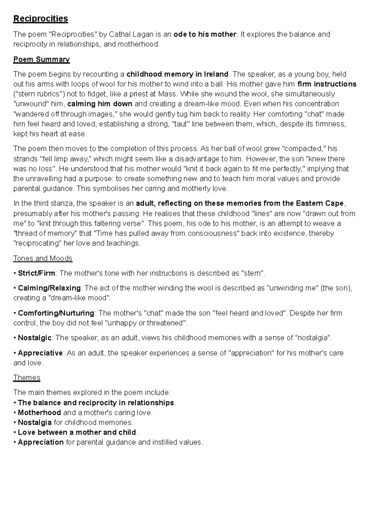 3. Reciprocities: Study Notes on Cathal Lagan's Ode to Mother - Studocu