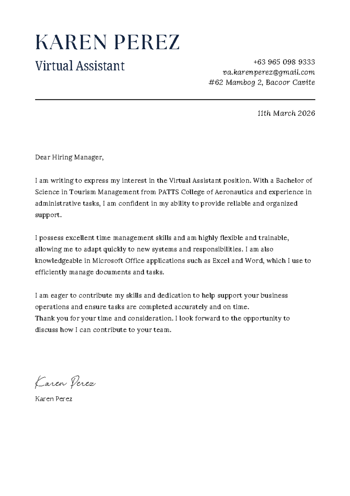 Virtual Assistant Cover Letter - KAREN PEREZ 965 098 - Studocu