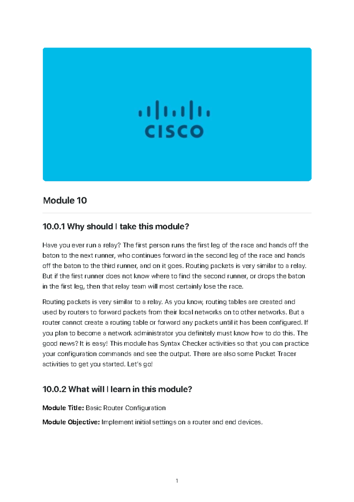 Module 10 - Basic Cisco Router Configuration. Implement initial ...