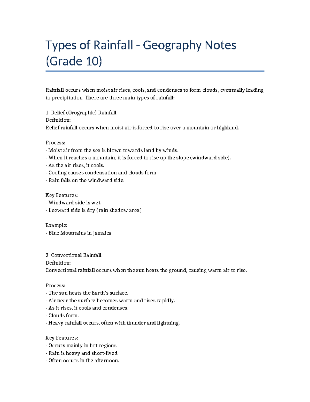 Types of Rainfall Geography Notes (Grade 10) - Studocu