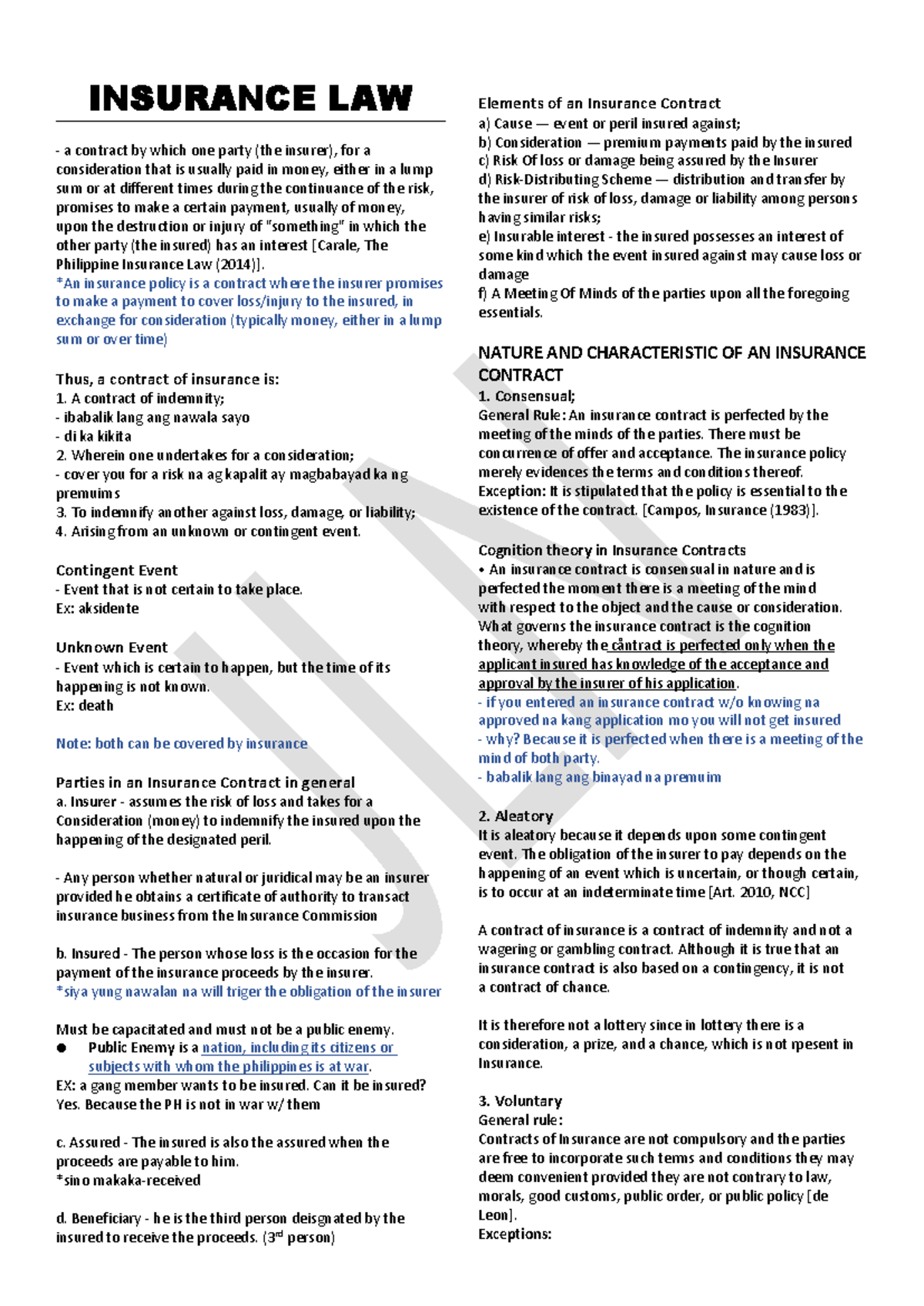 Insurance Law - Comprehensive Overview of Contractual Principles ...
