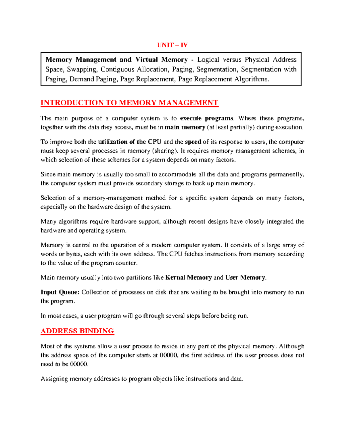 Operating Systems Notes: Memory Management & Virtual Memory (OS UNIT-4 ...