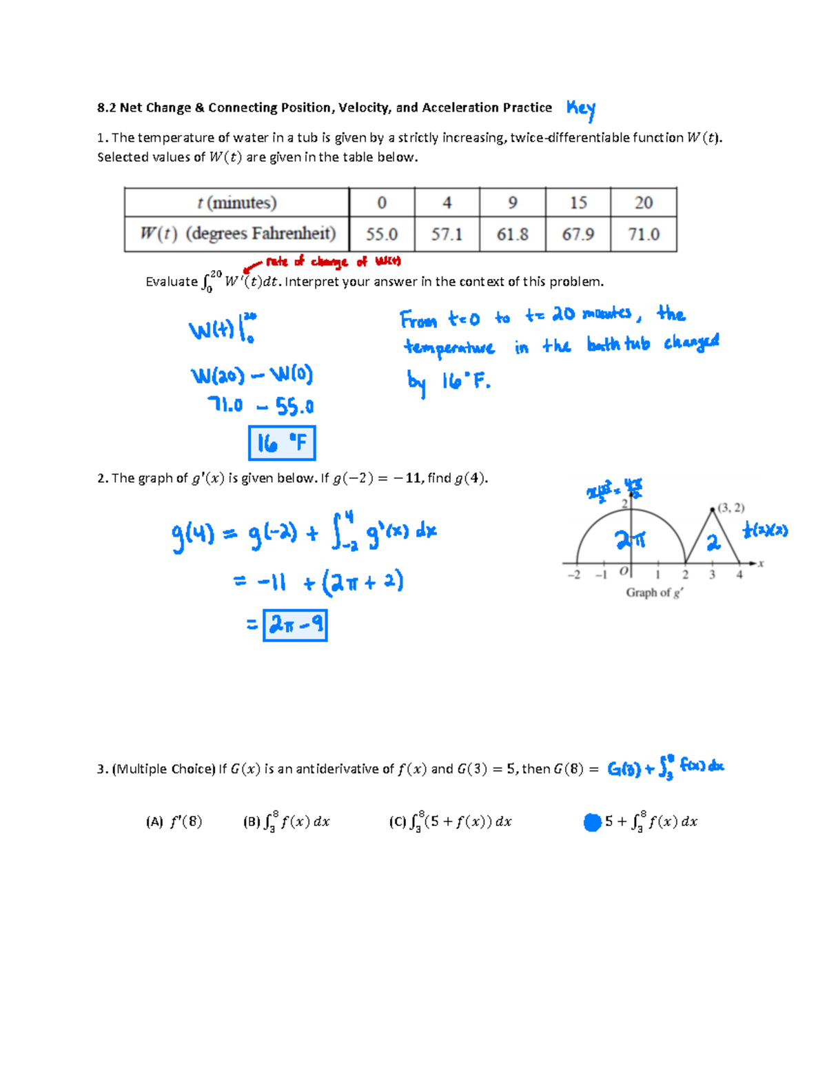 8.2 Net Change: Position, Velocity, and Acceleration Practice Solutions ...