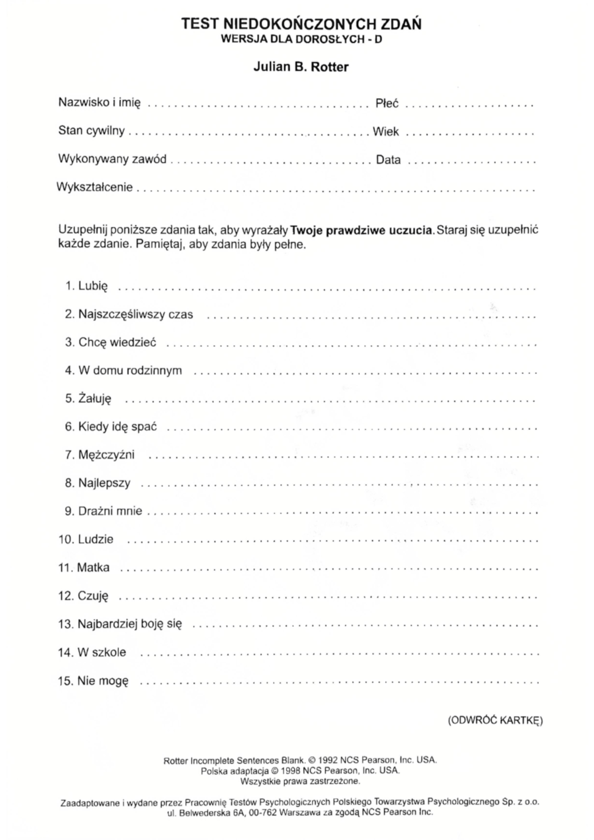 Test Niedokończonych Zdań Rottera Pdf