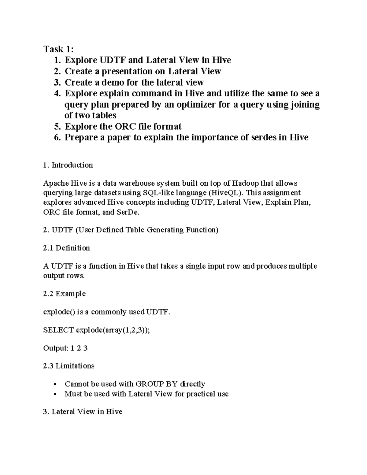Big Data Concepts: UDTF, Lateral View, ORC, and SerDe in Hive - Studocu