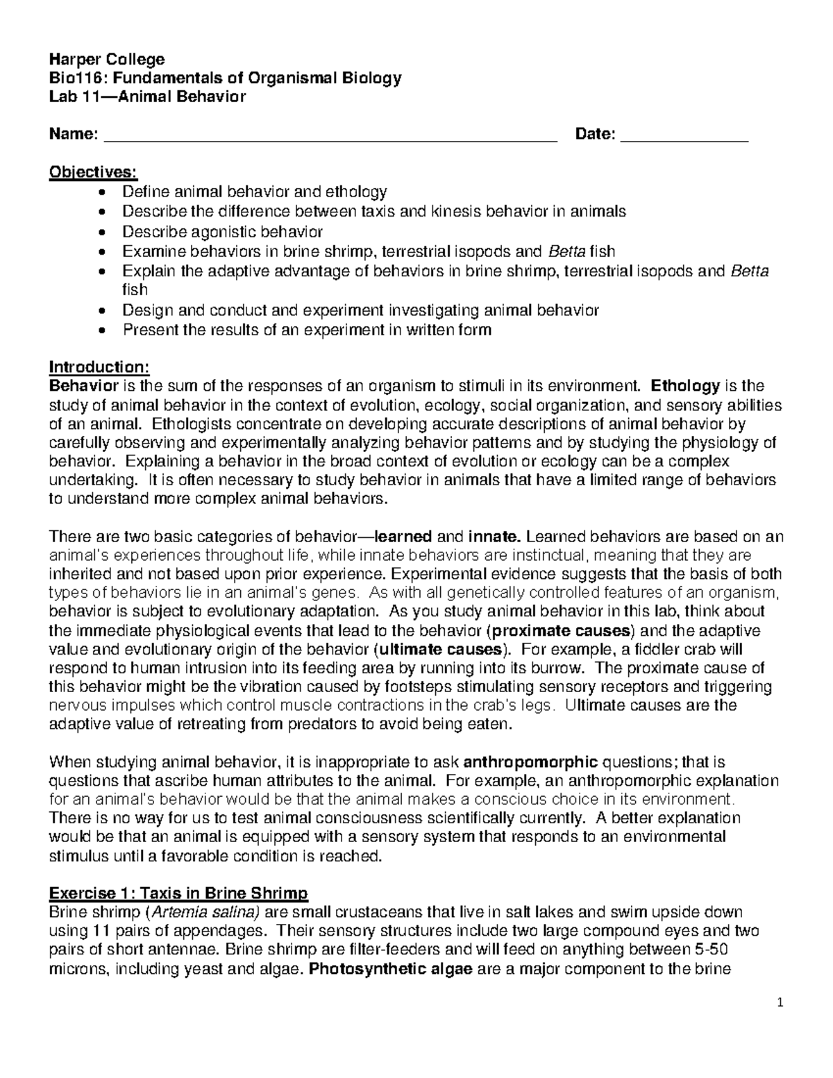 Lab 12: Animal Behavior Analysis in Bio116 - Harper College - Studocu