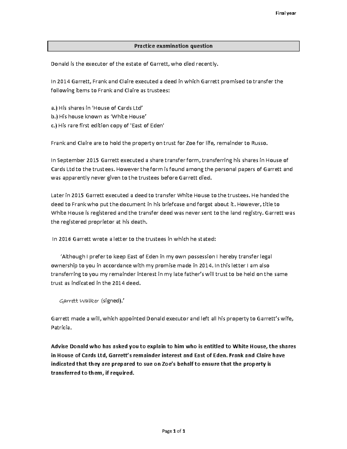 Final Exam Practice Questions for Final Year Law Studies - Studocu