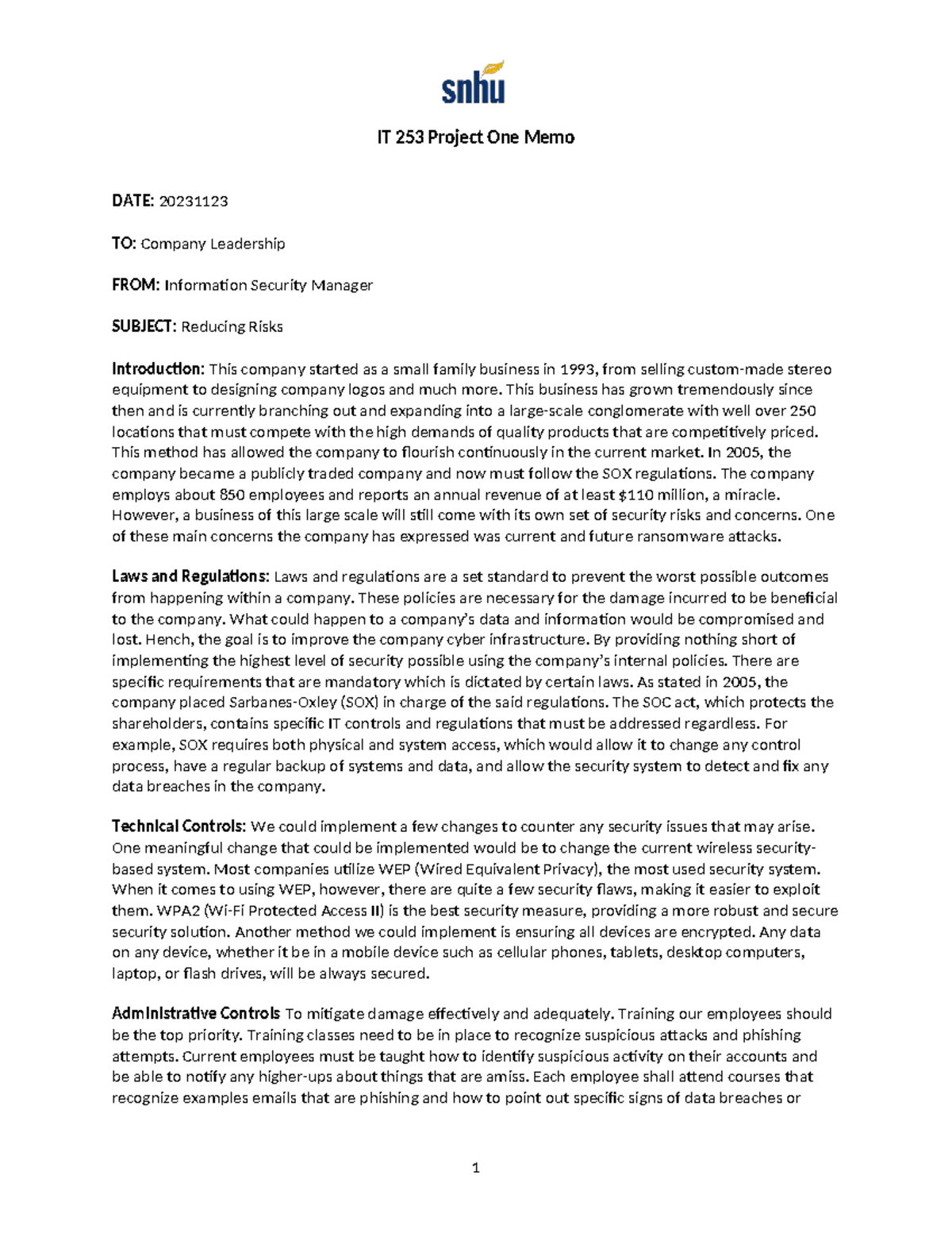IT 253 Project One Memo: Strategies for Reducing Cyber Risks - Studocu