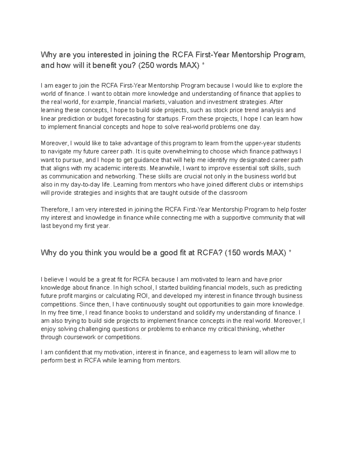 RCFA Mentorship Program Application: My Journey in Finance - Studocu
