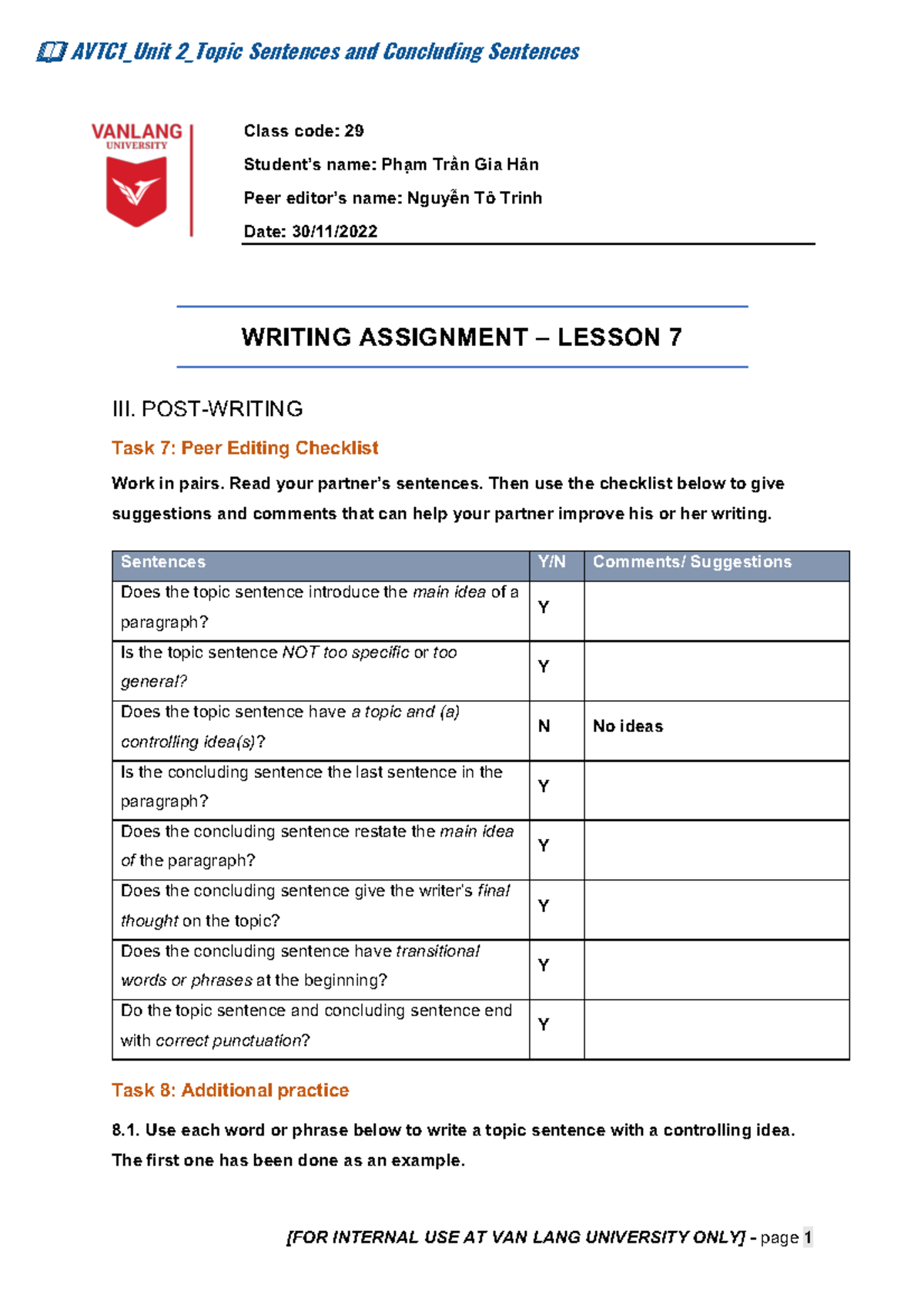 [Official] AVTC1 - Unit 2 - Topic sentences and concluding sentences ...