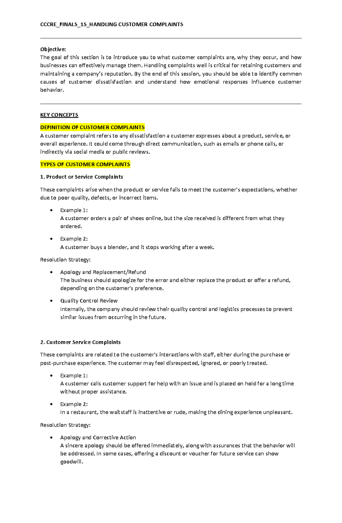 CCCRE Finals: Effective Handling of Customer Complaints - Studocu