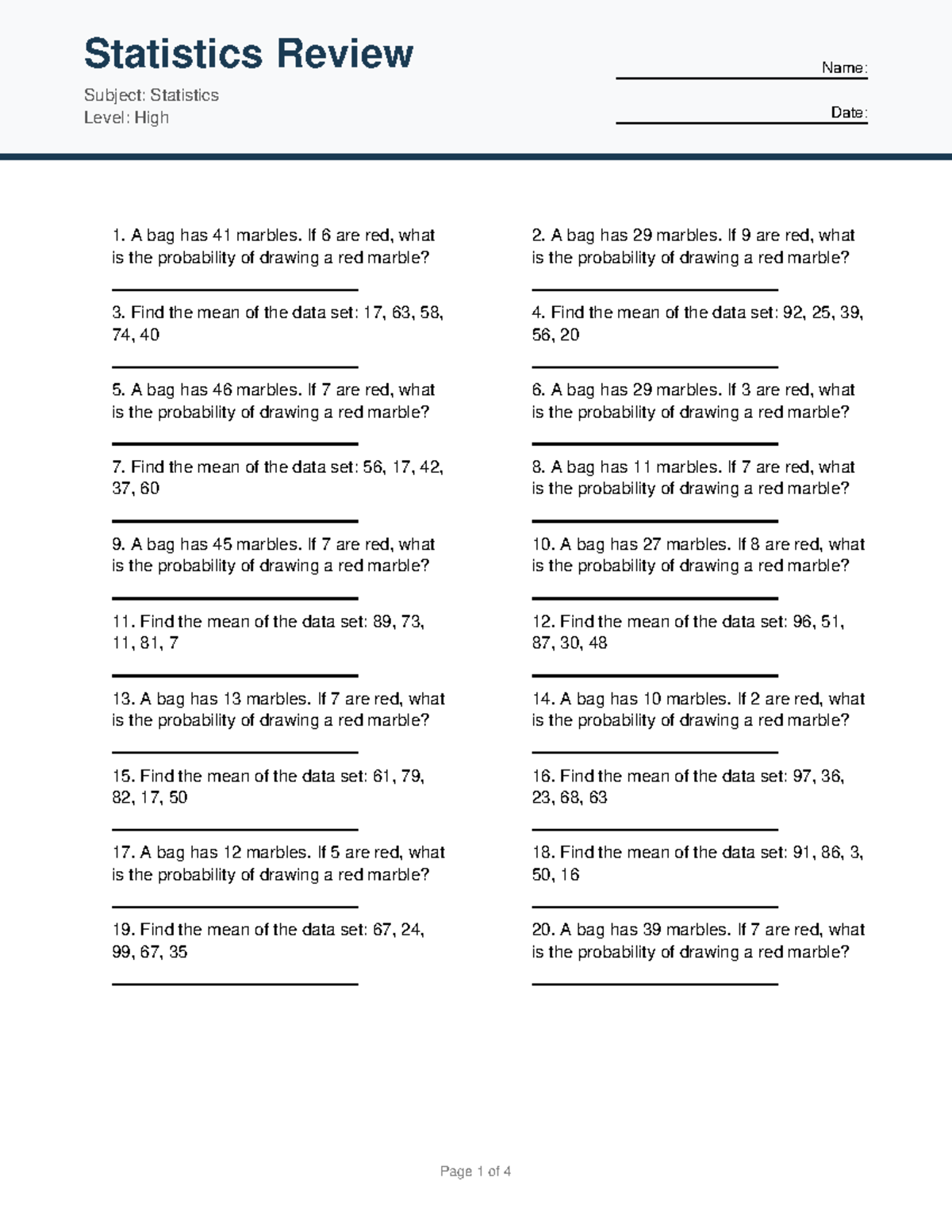 Statistics Review 9: Probability & Mean Calculations - Studocu