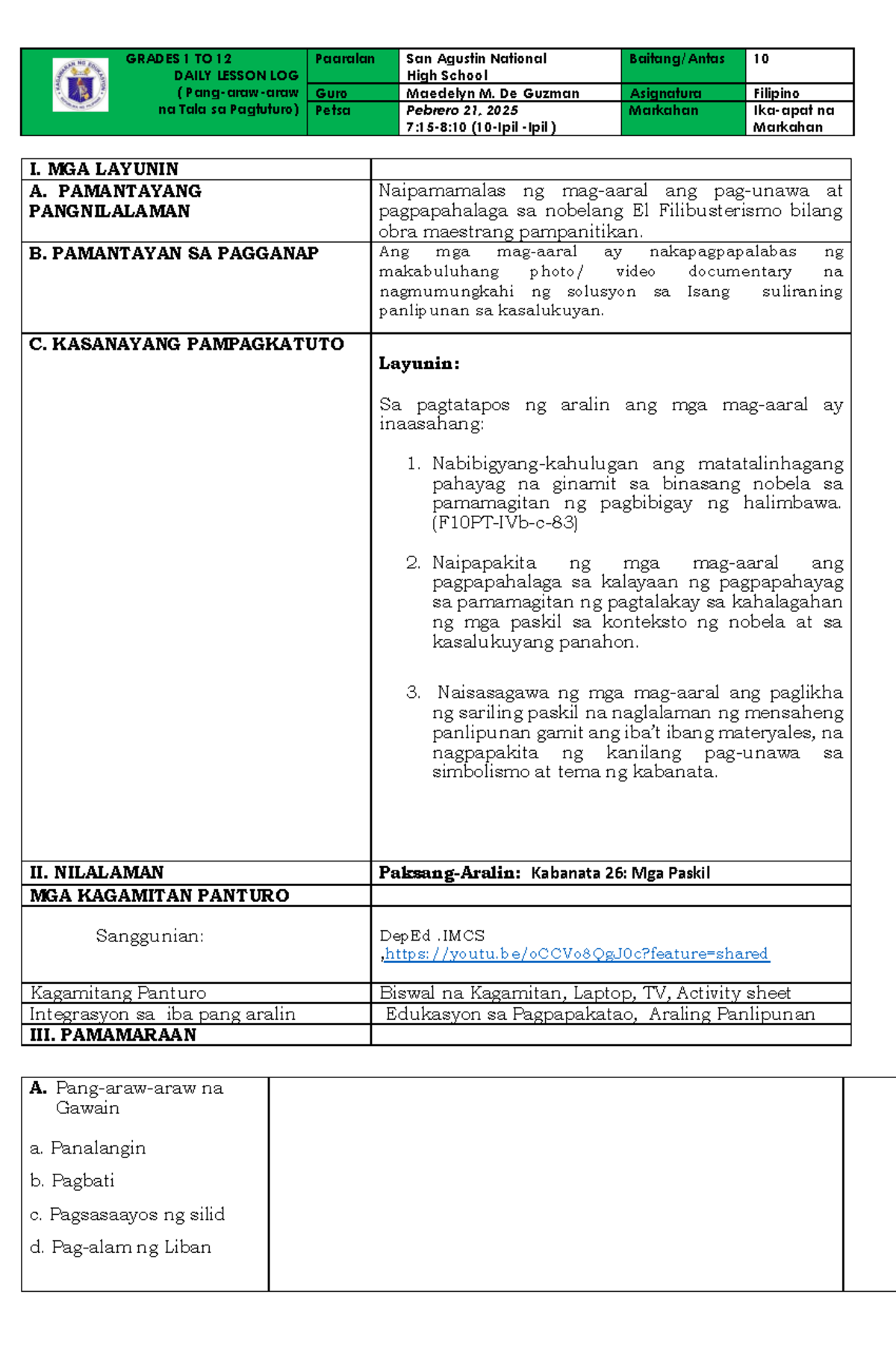PASKIL: Daily Lesson Log for Grades 1-12 (Final) - Filipino Kabanata 26 ...