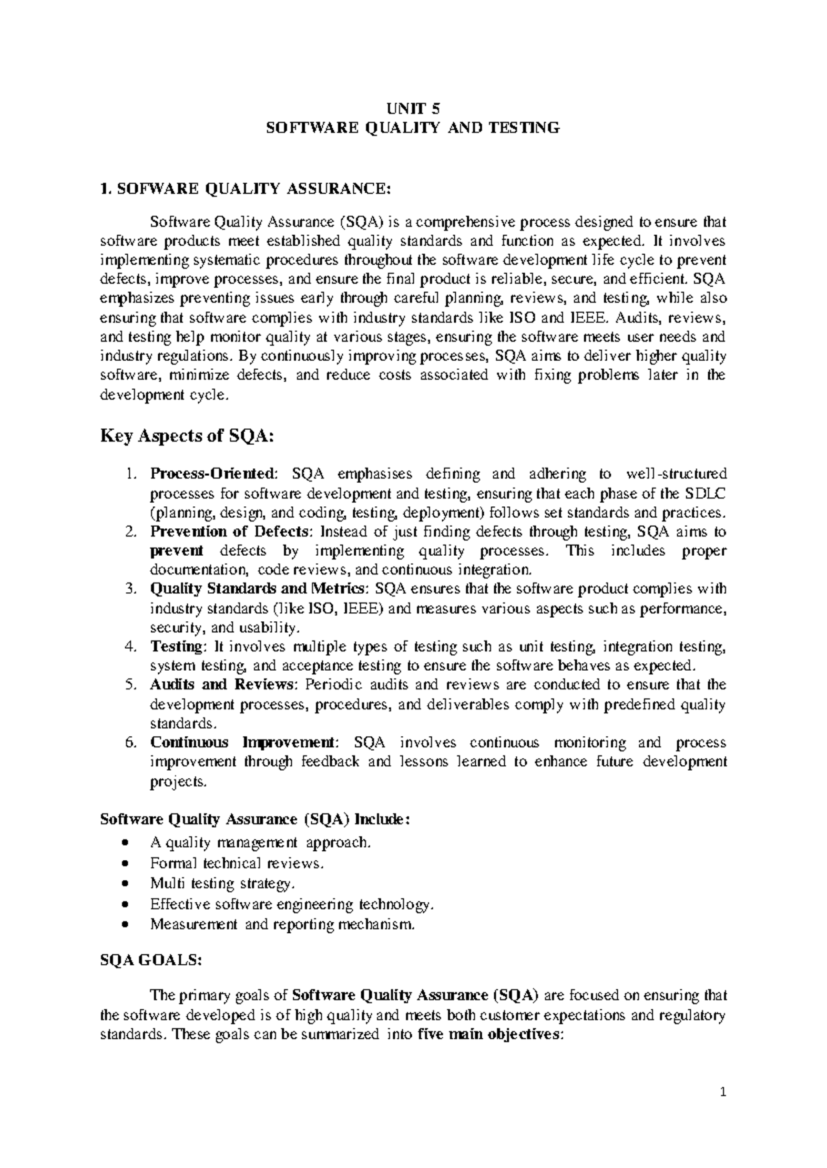 BCA SE UNIT-5: Key Insights on Software Quality Assurance & Testing ...