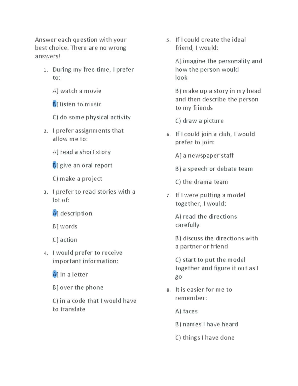 Learning Style Inventory copy - Answer each question with your best ...