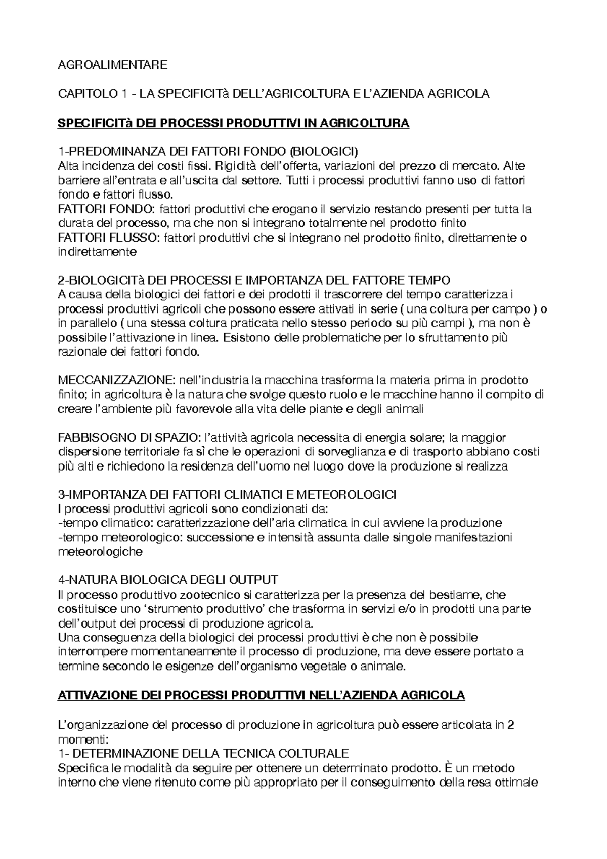 CAPITOLO 1: SPECIFICITÀ DEI PROCESSI PRODUTTIVI IN AGRICOLTURA ...