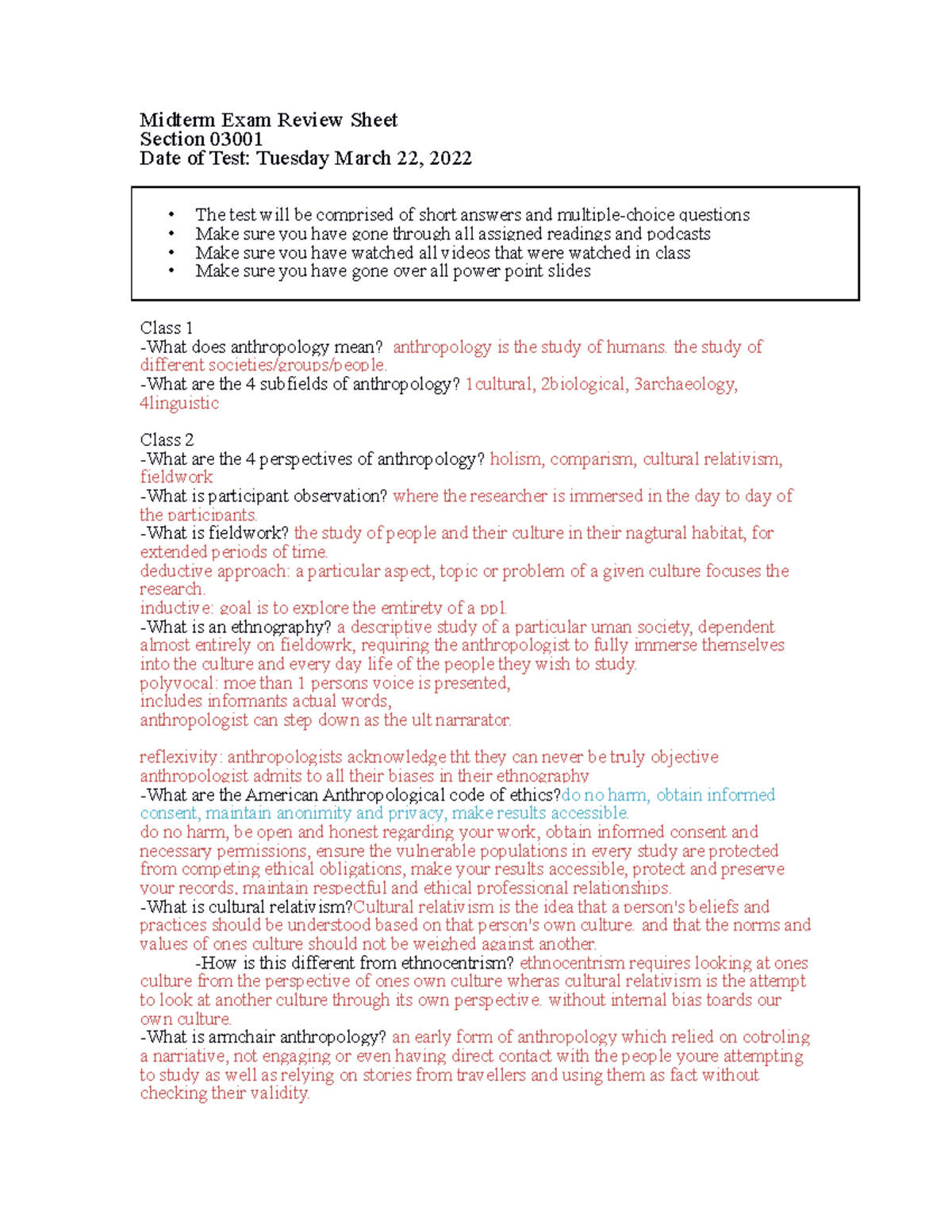 Midterm Exam Review Sheet - Anthropology Section 03001 - Studocu