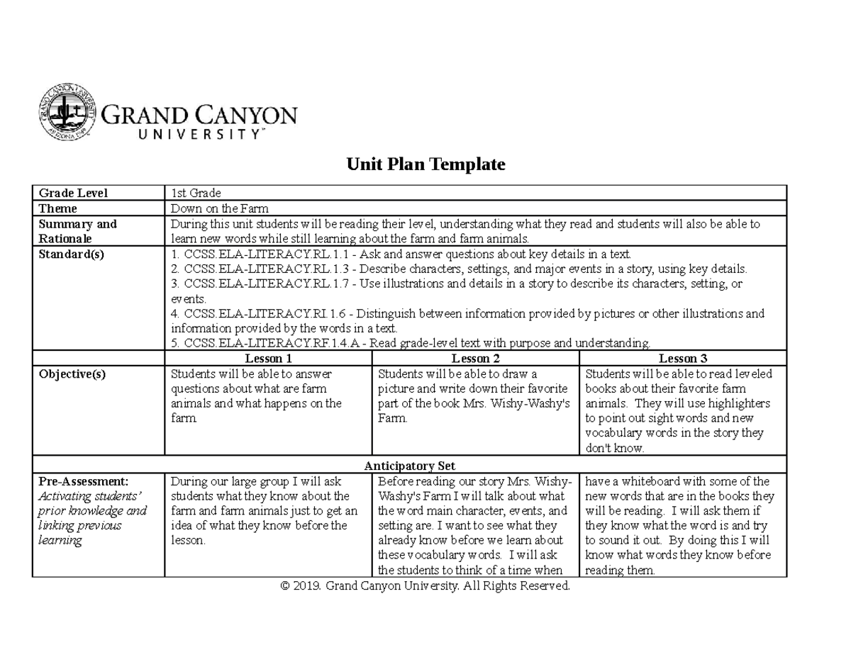 ECE-450-T3-Unit Plan Template: Down on the Farm for 1st Grade - Studocu