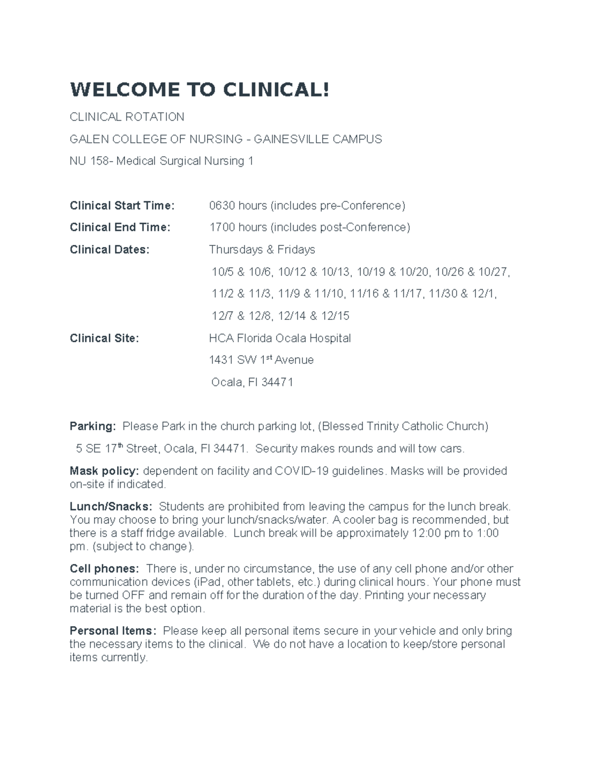 NU 158 Clinical Rotation Welcome & Important Info Guide - Studocu