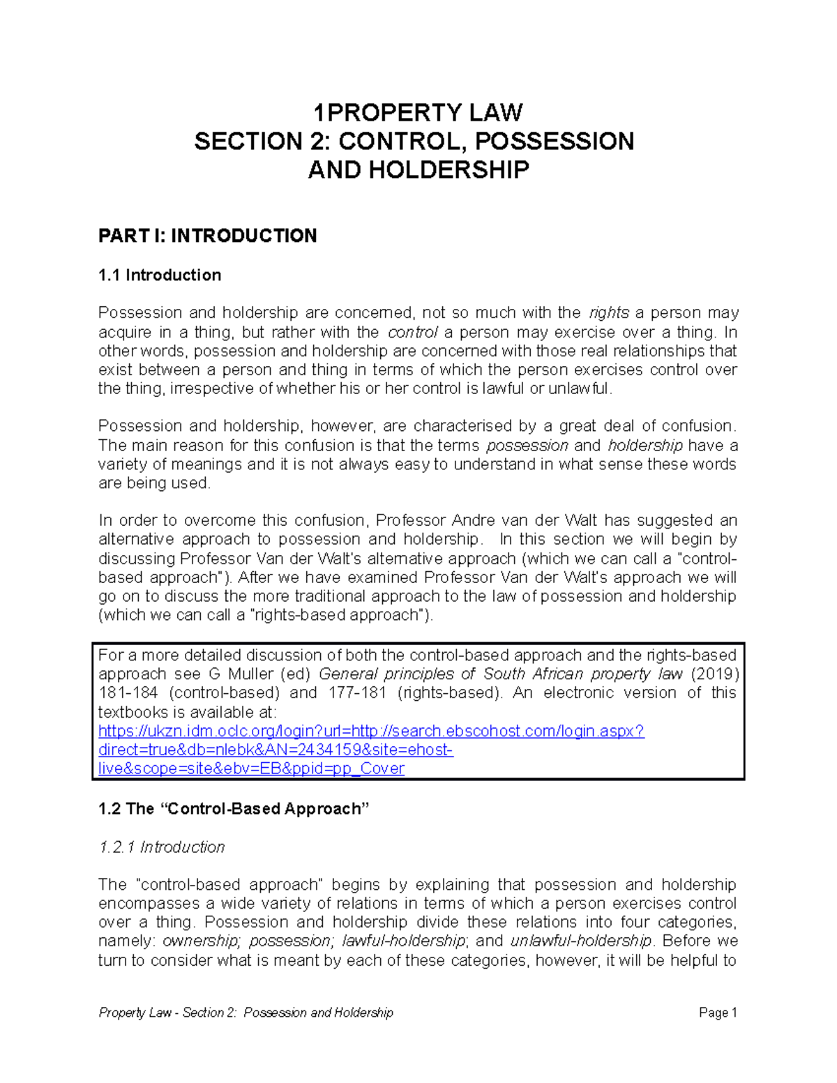 Worksheet 2: Control, Possession & Holdership in Property Law - Studocu