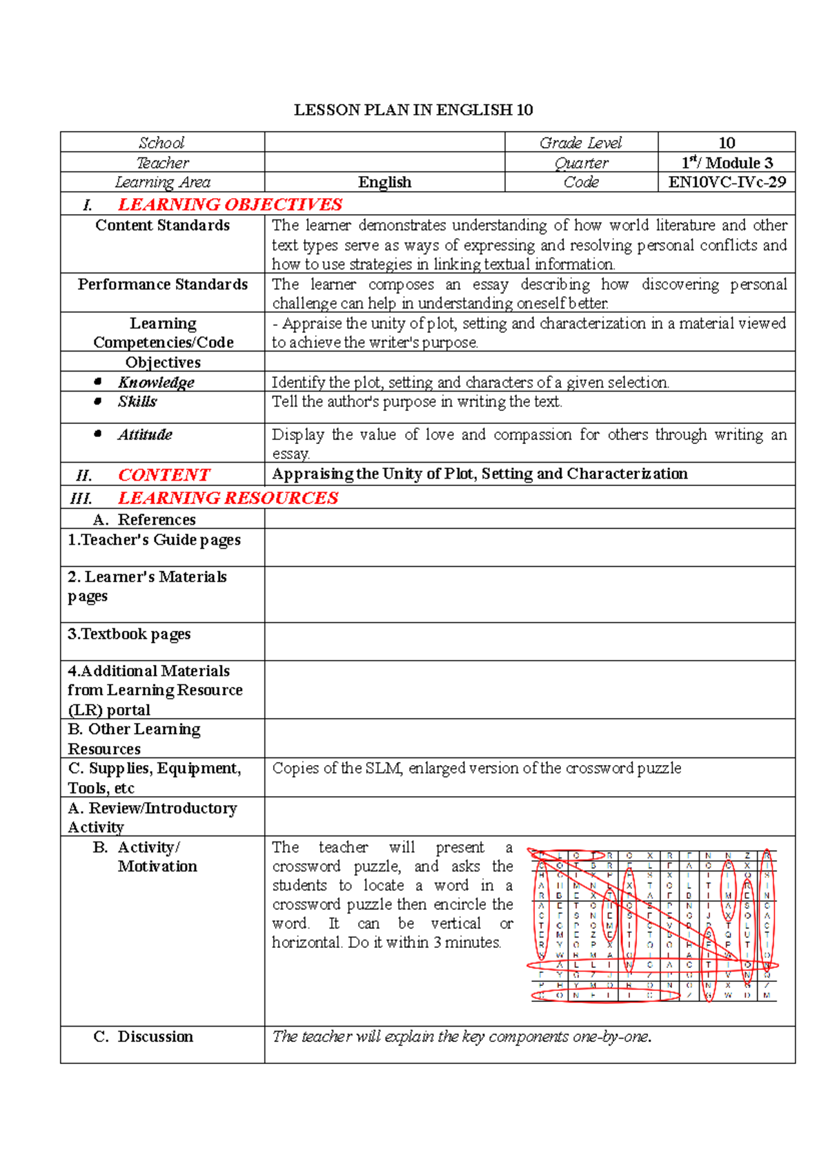 Detailed Lesson Plan: Understanding Plot, Setting, & Characters (EN10 ...
