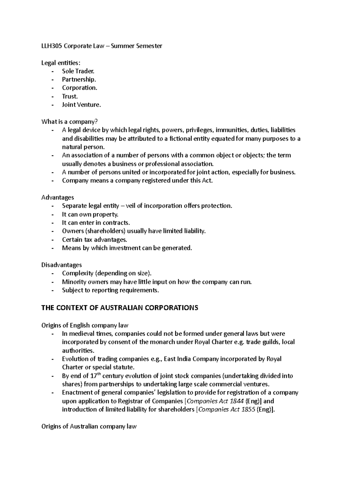 LLH305 Week 1 - 13 Corporate Law Lecture Notes - Studocu