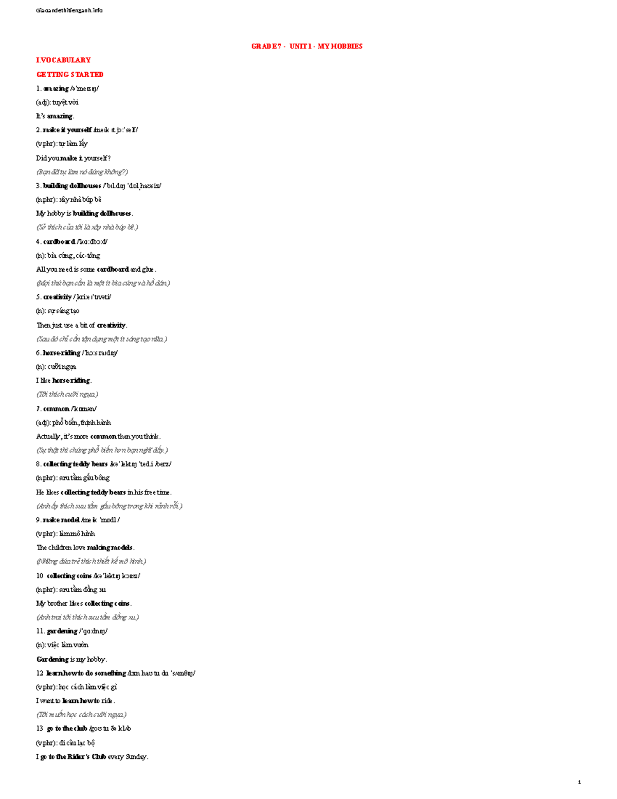 GRADE 7 UNIT 1: MY HOBBIES - VOCABULARY & GRAMMAR NOTES - Studocu