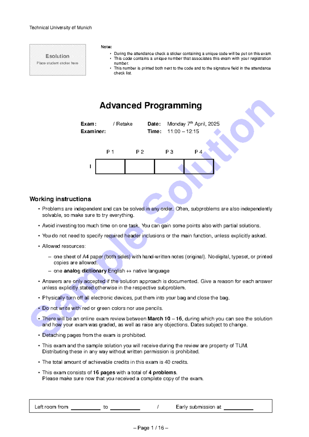 Advanced Programming Exam Sample Solution - Studocu