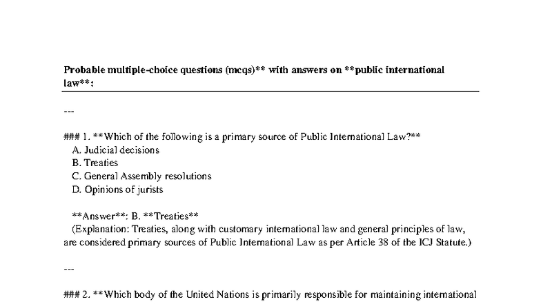PIL 101: MCQs on Public International Law Concepts and Principles - Studocu